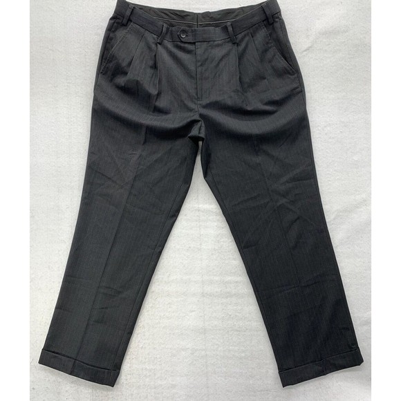 Van Heusen Dress Pants Mens Size 36X30 Black Pinstripe Cuffed Business Pleated - Picture 1 of 16